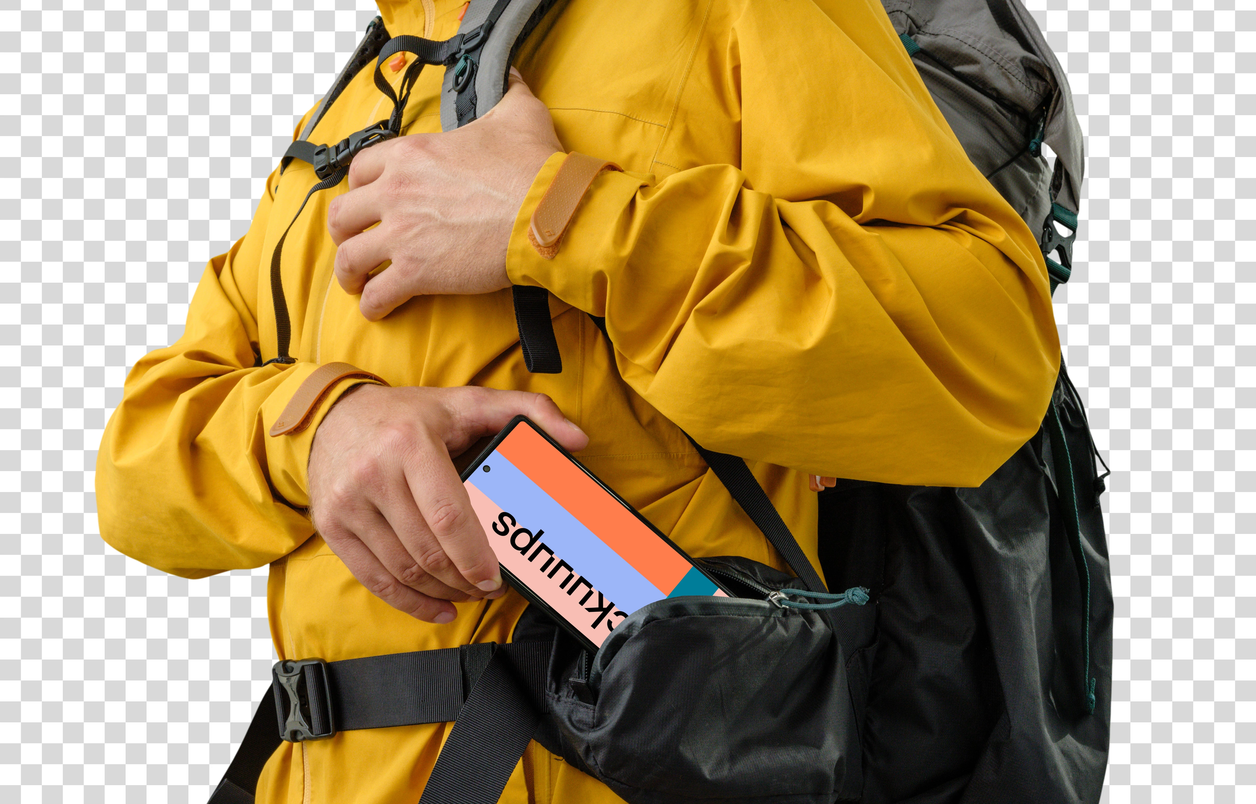 Hiker dressed in yellow holding a Google Pixel mockup