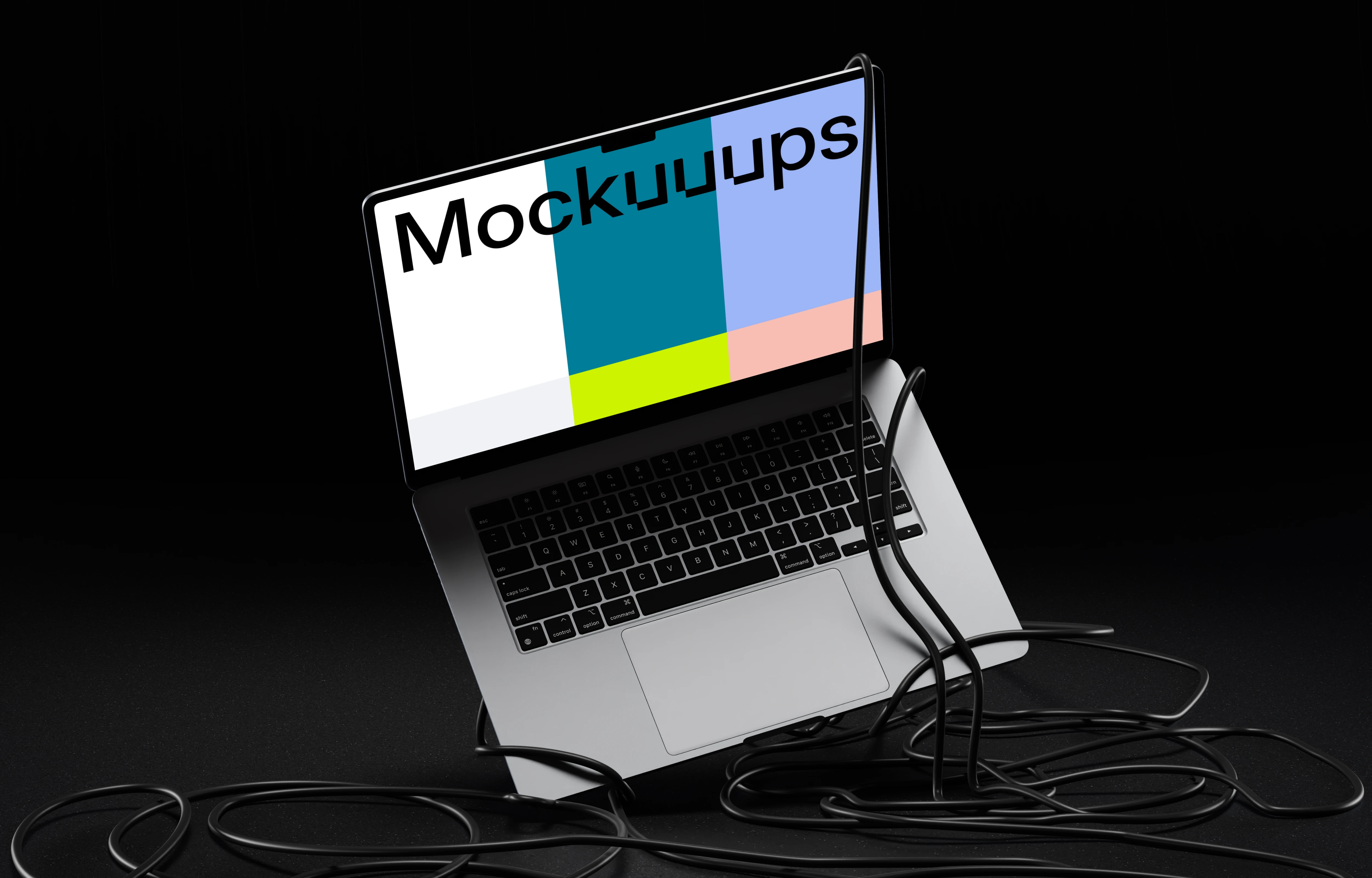 MacBook Air mockup with tangled cables on dark background