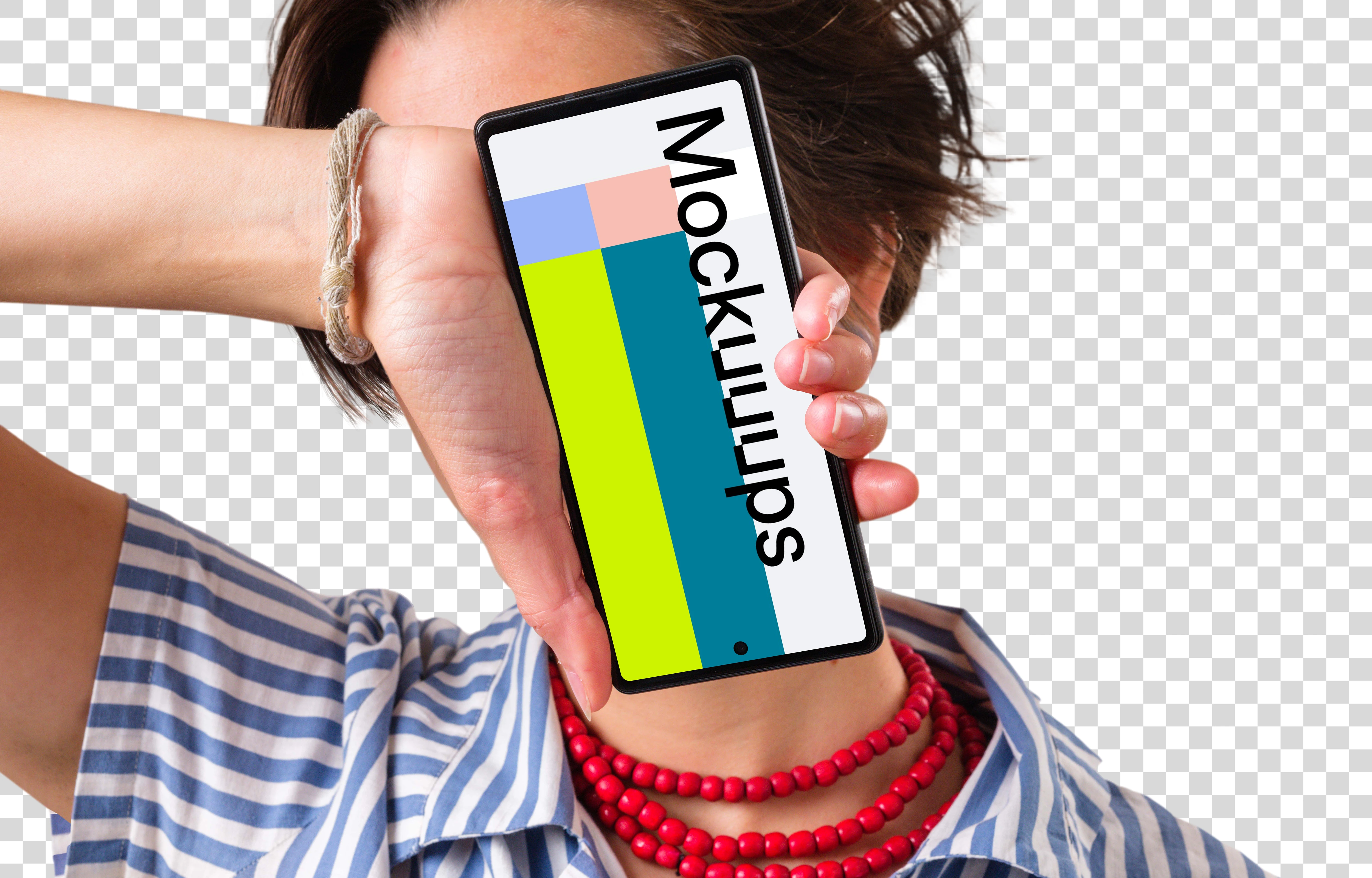 Mockup of upside-down Google Pixel next to the woman's face