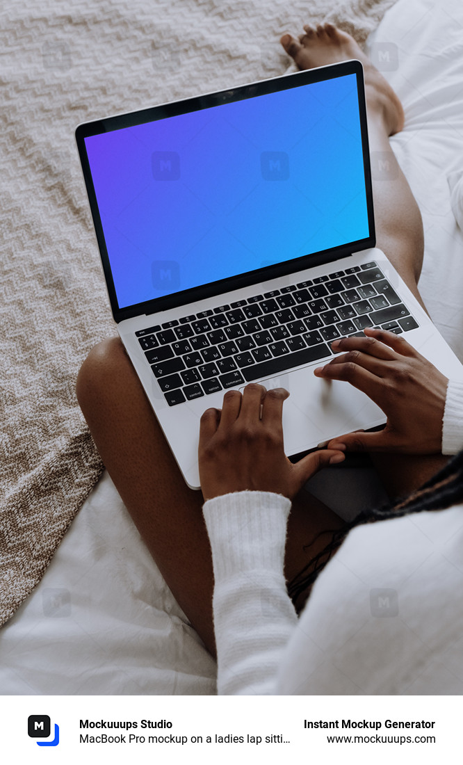 MacBook Pro mockup on a ladies lap sitting on a bed