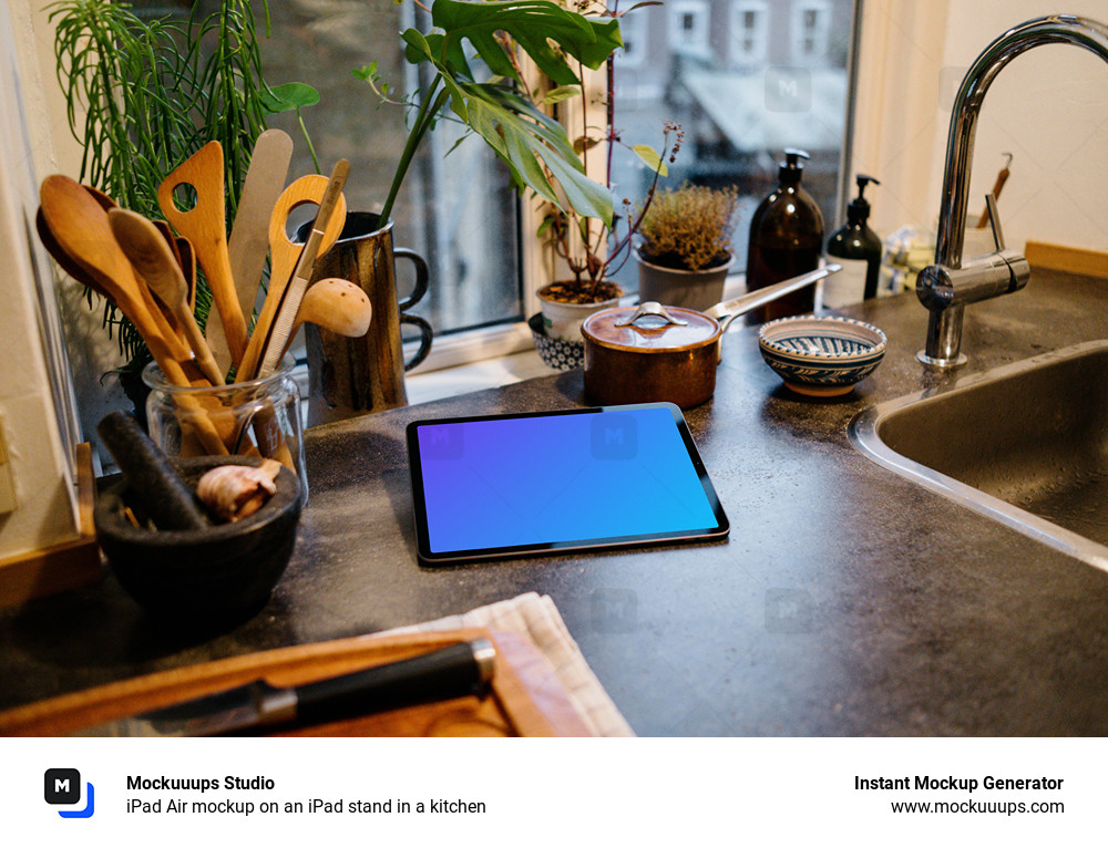 iPad Air mockup on an iPad stand in a kitchen
