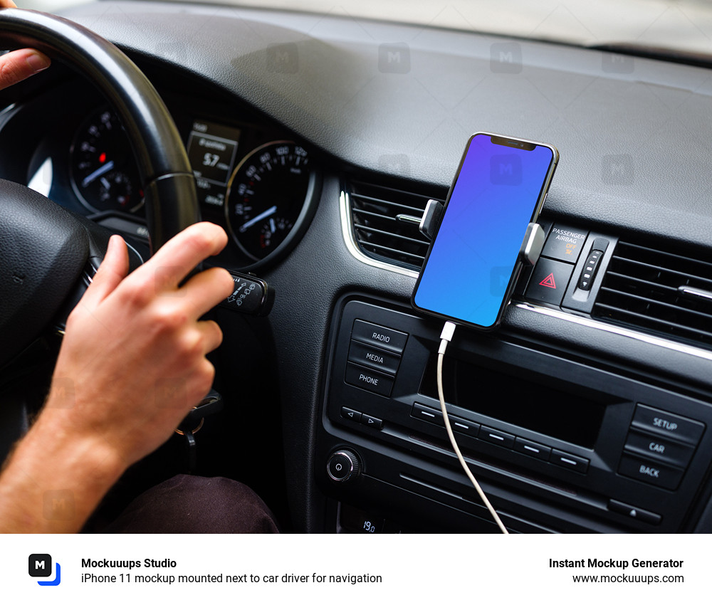 iPhone 11 mockup mounted next to car driver for navigation