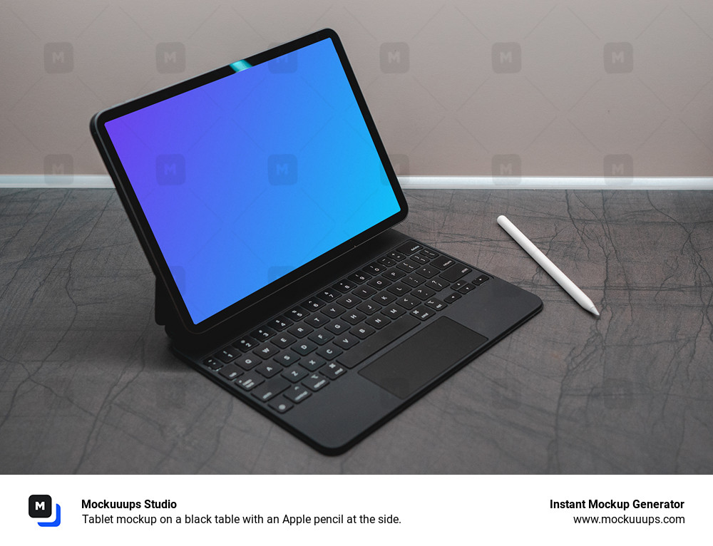 Tablet mockup on a black table with an Apple pencil at the side.