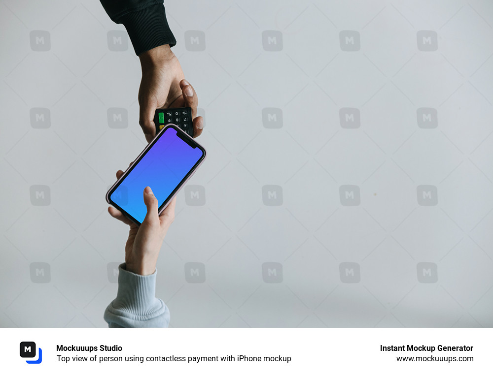 Top view of person using contactless payment with iPhone mockup