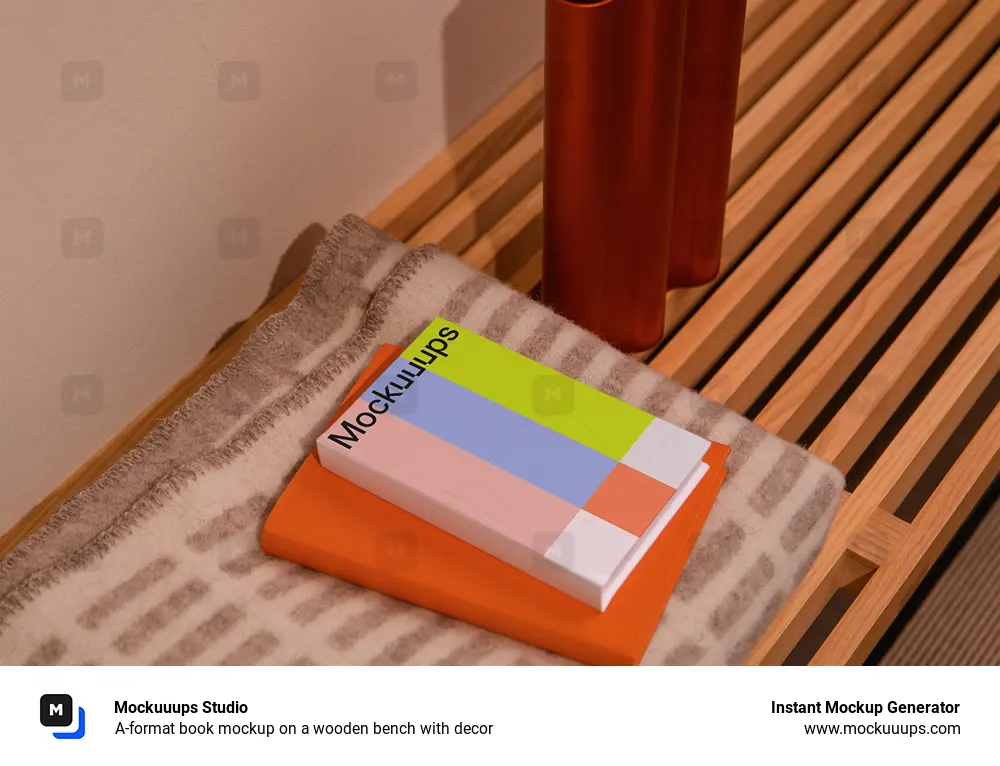 A-format book mockup on a wooden bench with decor