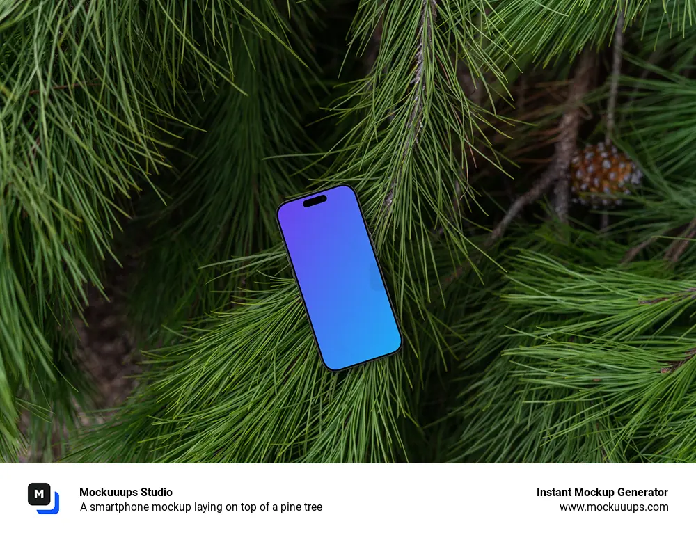 A smartphone mockup laying on top of a pine tree