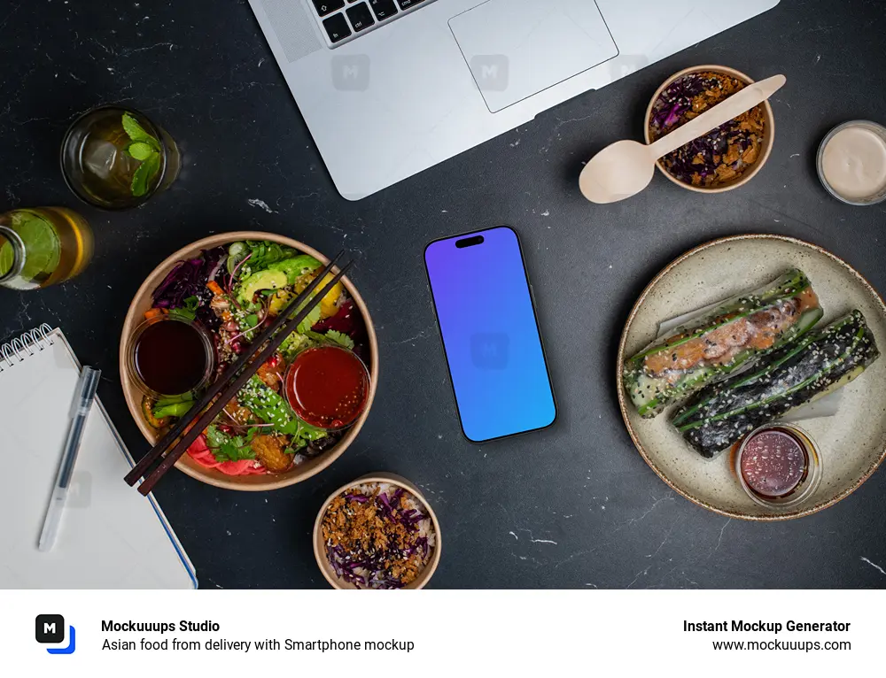 Asian food from delivery with Smartphone mockup