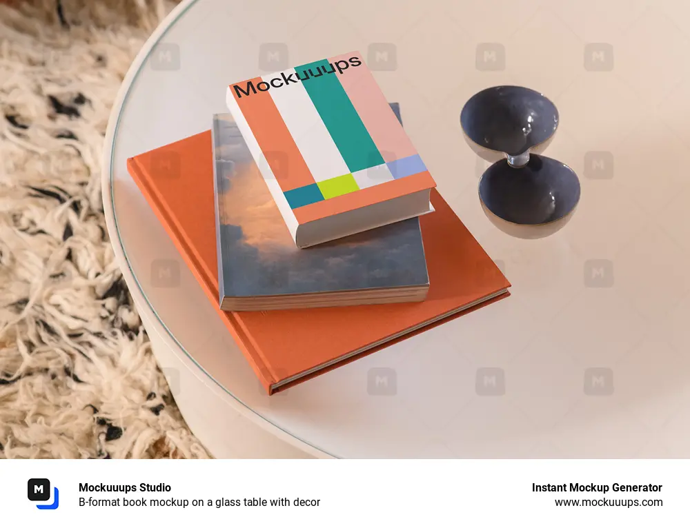 B-format book mockup on a glass table with decor