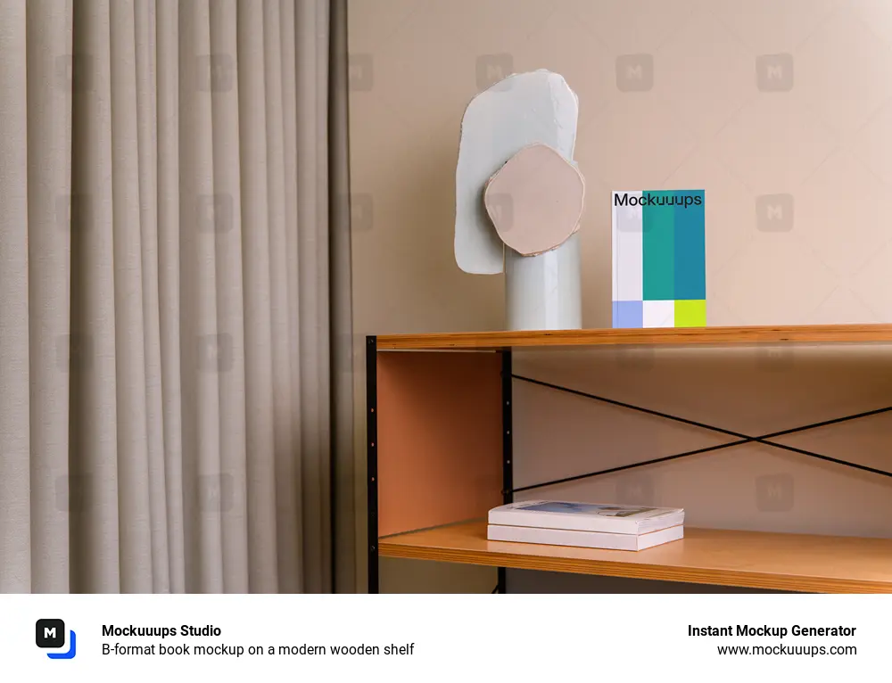 B-format book mockup on a modern wooden shelf