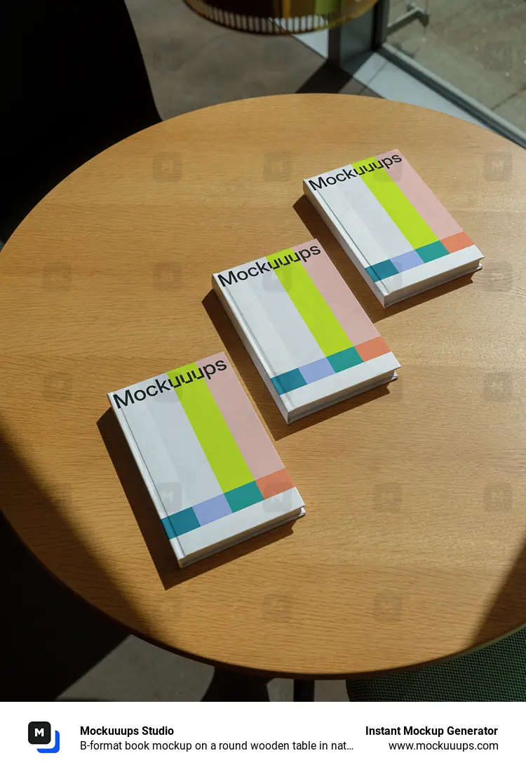 B-format book mockup on a round wooden table in natural light
