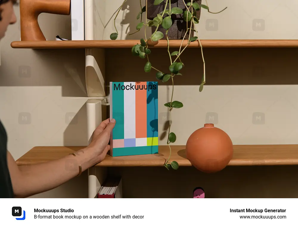 B-format book mockup on a wooden shelf with decor