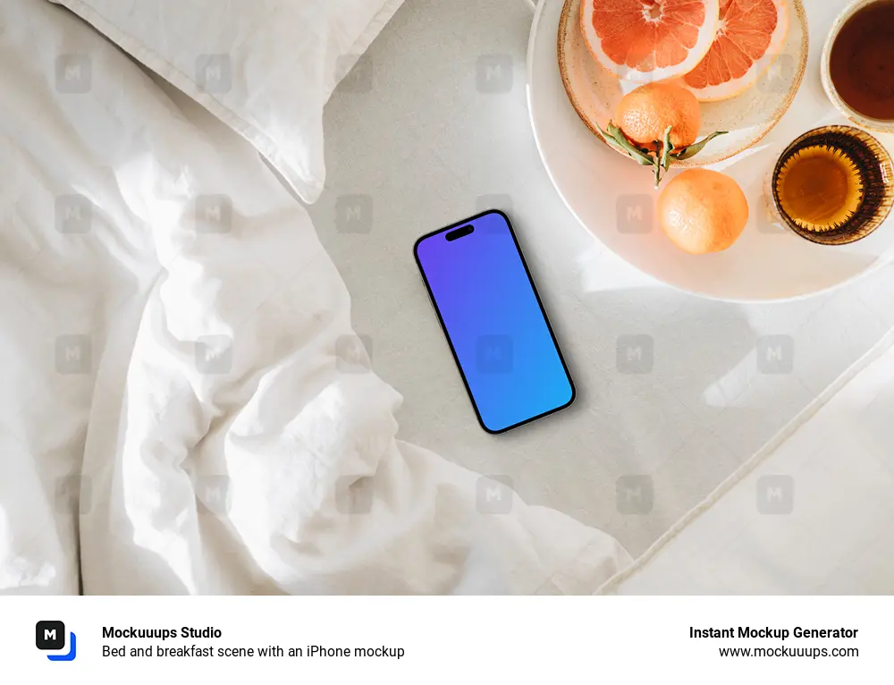 Bed and breakfast scene with an iPhone mockup