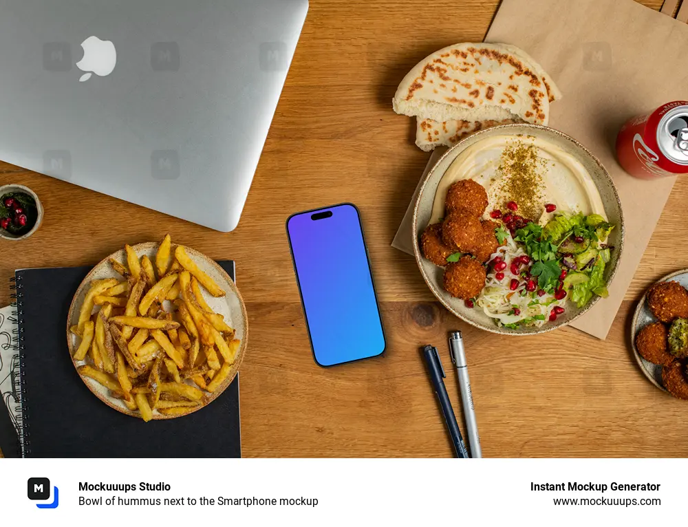 Bowl of hummus next to the Smartphone mockup