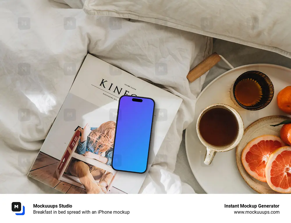 Breakfast in bed spread with an iPhone mockup