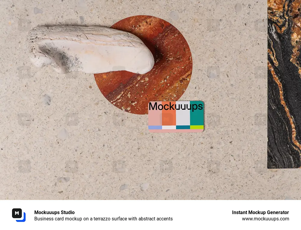 Business card mockup on a terrazzo surface with abstract accents