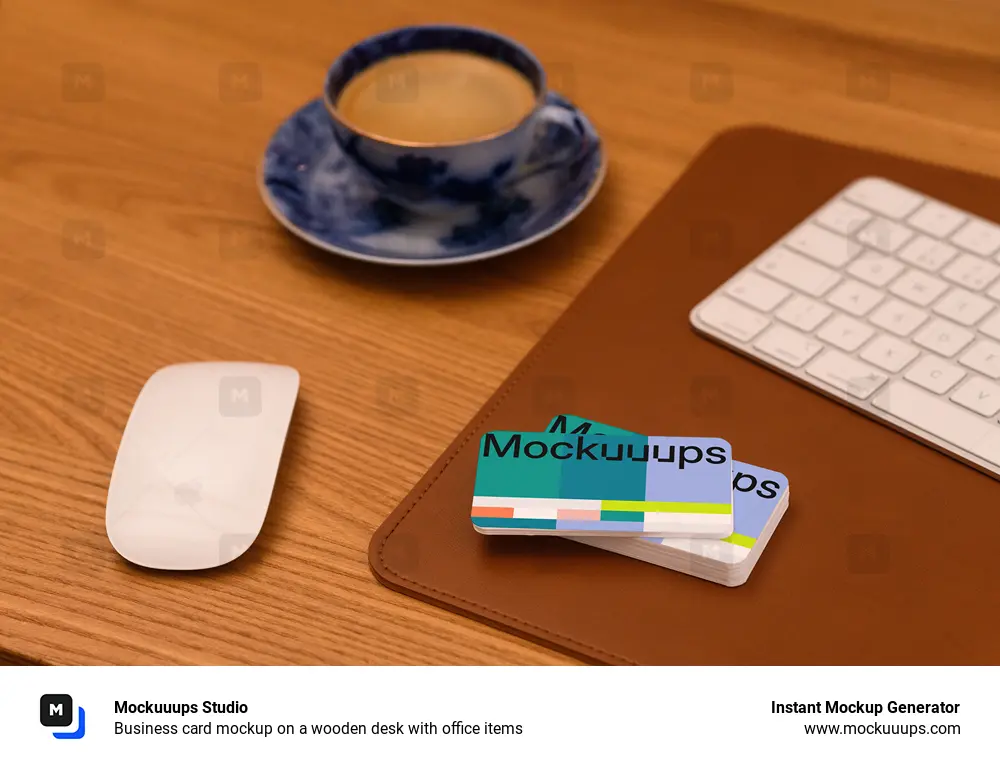 Business card mockup on a wooden desk with office items