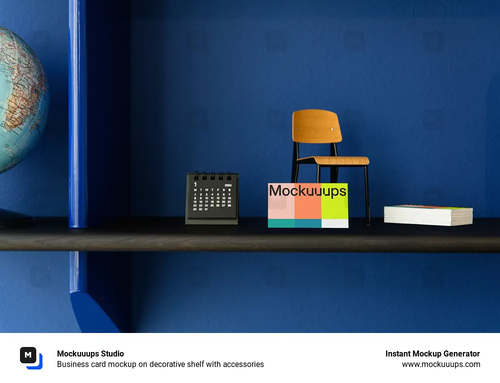 Business card mockup on decorative shelf with accessories