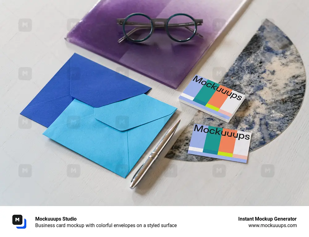 Business card mockup with colorful envelopes on a styled surface