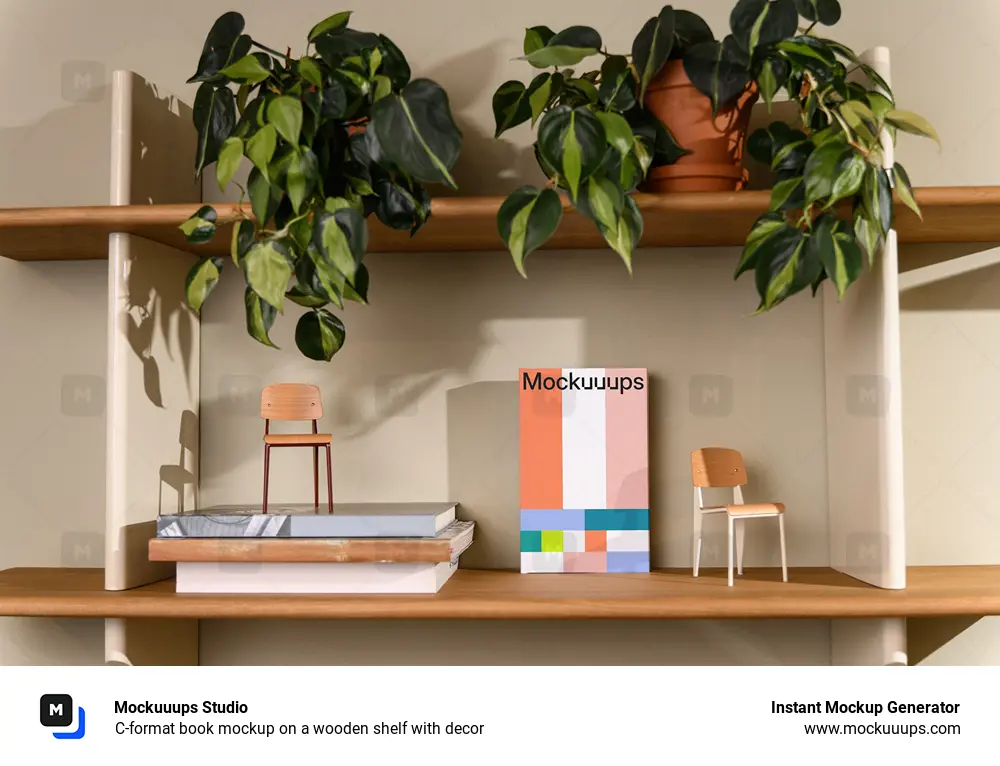 C-format book mockup on a wooden shelf with decor