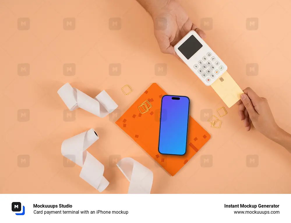 Card payment terminal with an iPhone mockup