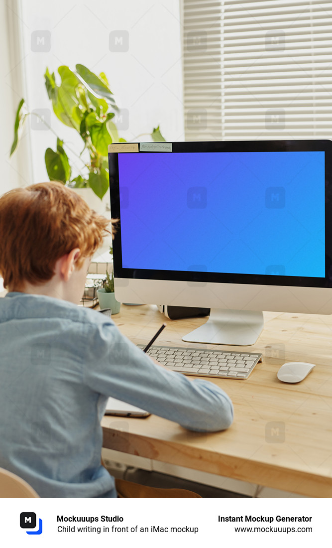 Child writing in front of an iMac mockup