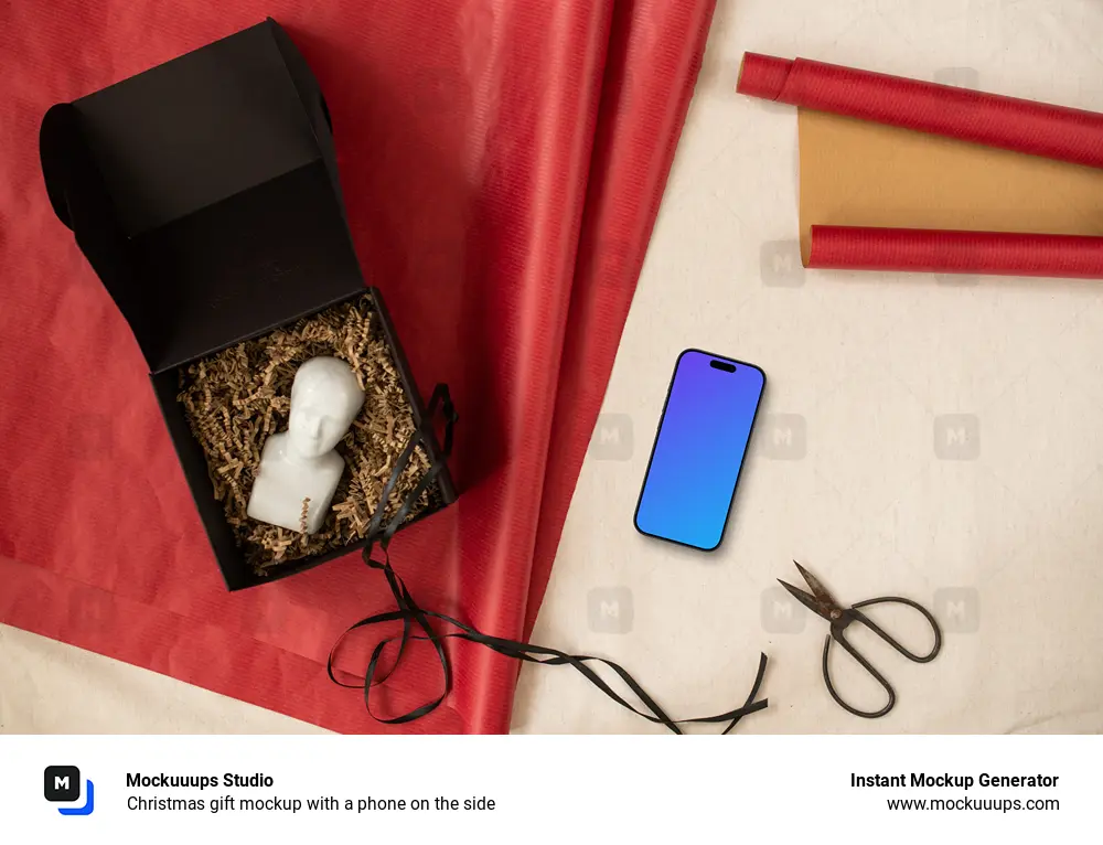 Christmas gift mockup with a phone on the side