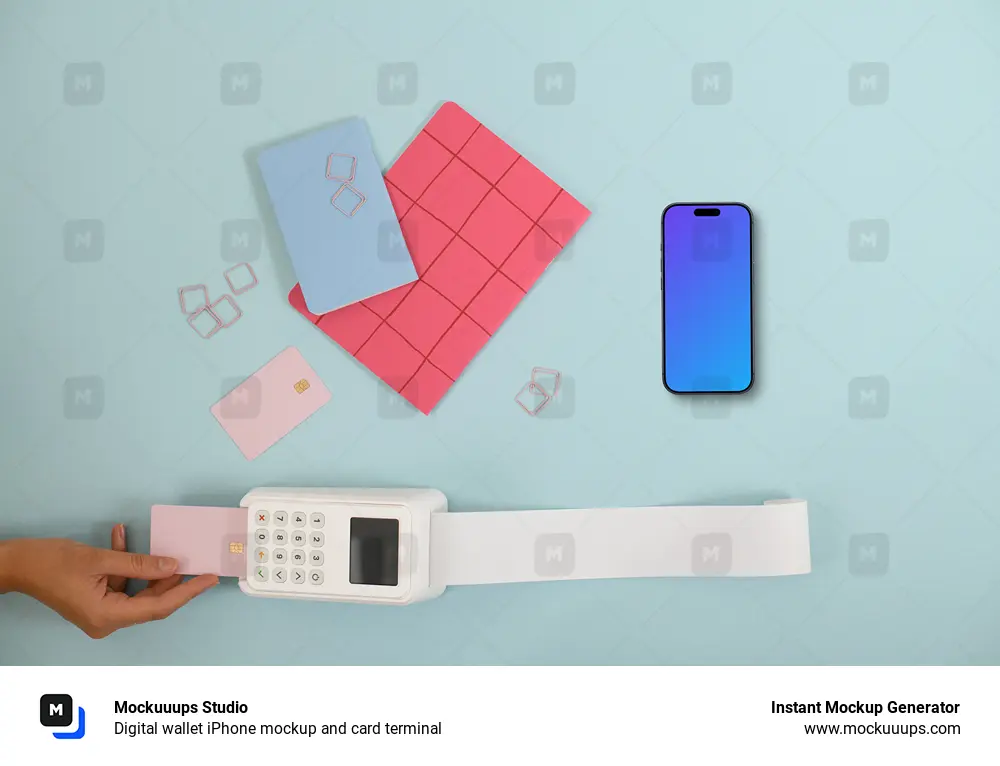 Digital wallet iPhone mockup and card terminal