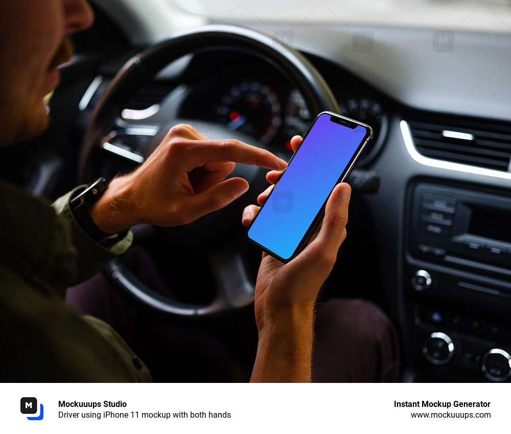 Driver using iPhone 11 mockup with both hands