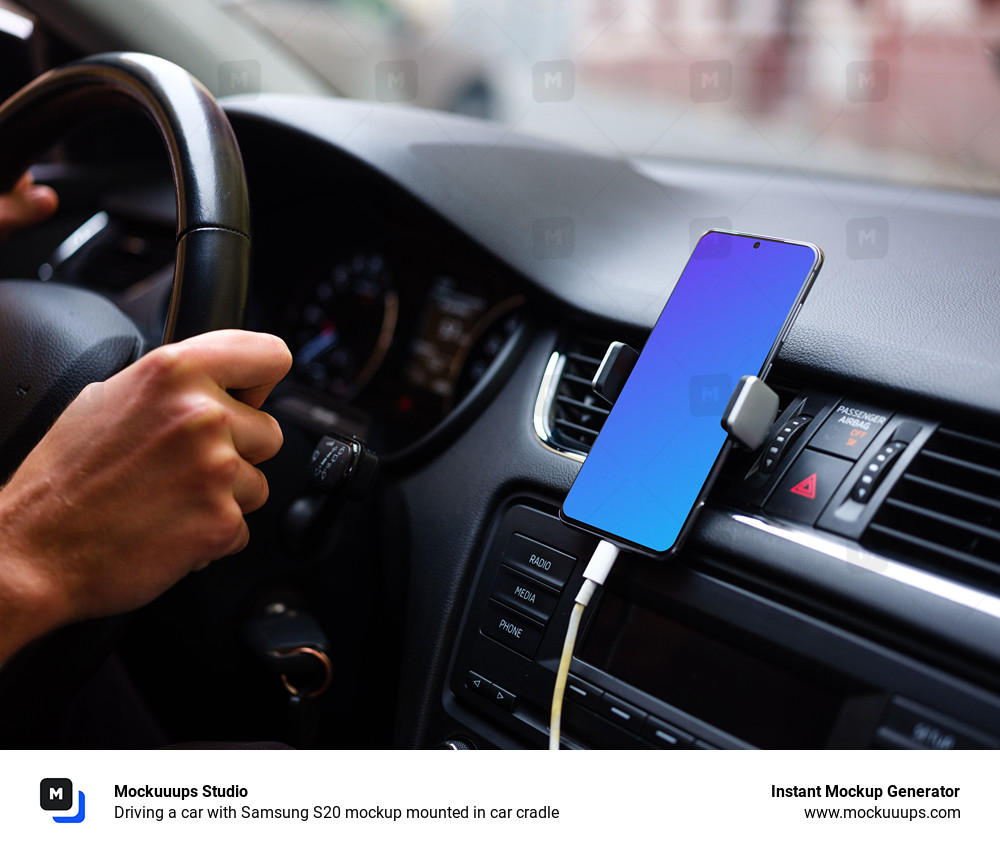 Driving a car with Samsung S20 mockup mounted in car cradle