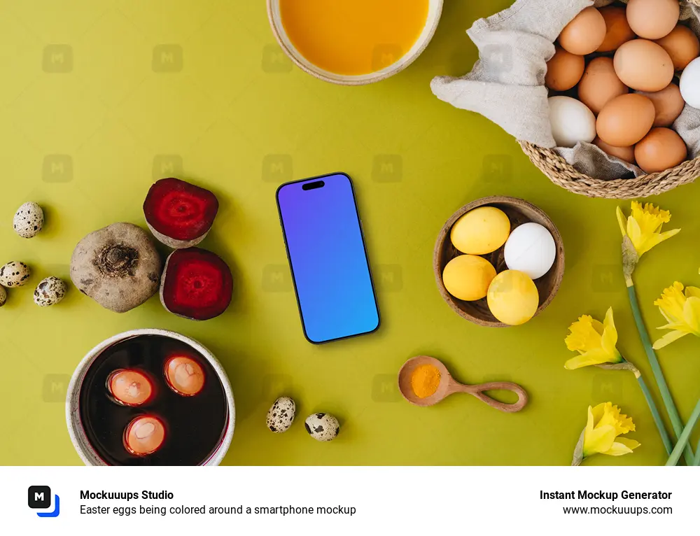 Easter eggs being colored around a smartphone mockup