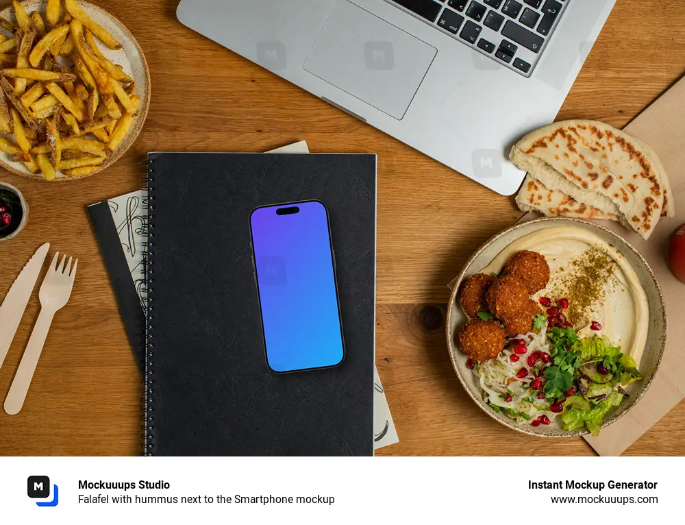 Falafel with hummus next to the Smartphone mockup