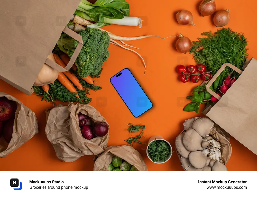 Groceries around phone mockup