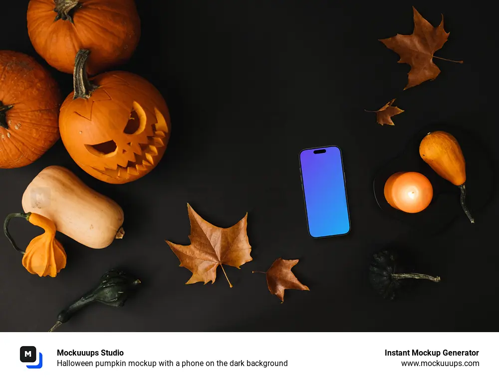 Halloween pumpkin mockup with a phone on the dark background