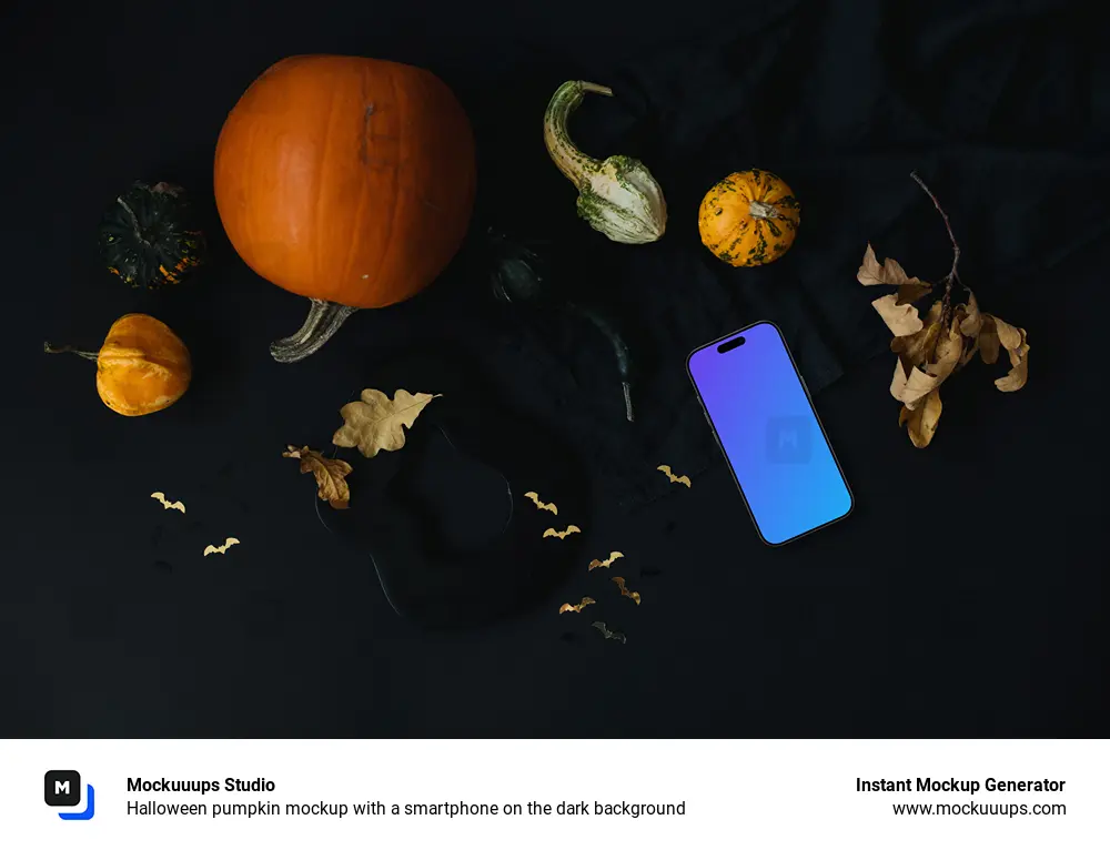 Halloween pumpkin mockup with a smartphone on the dark background