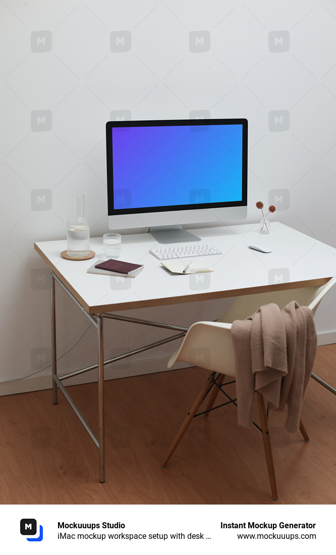 iMac mockup workspace setup with desk and chair