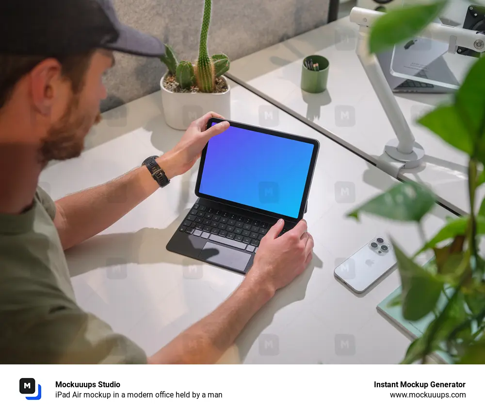 iPad Air mockup in a modern office held by a man