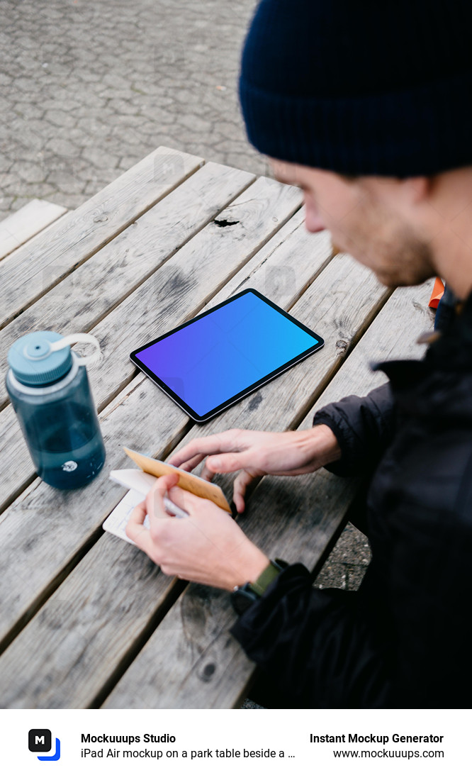 iPad Air mockup on a park table beside a water bottle