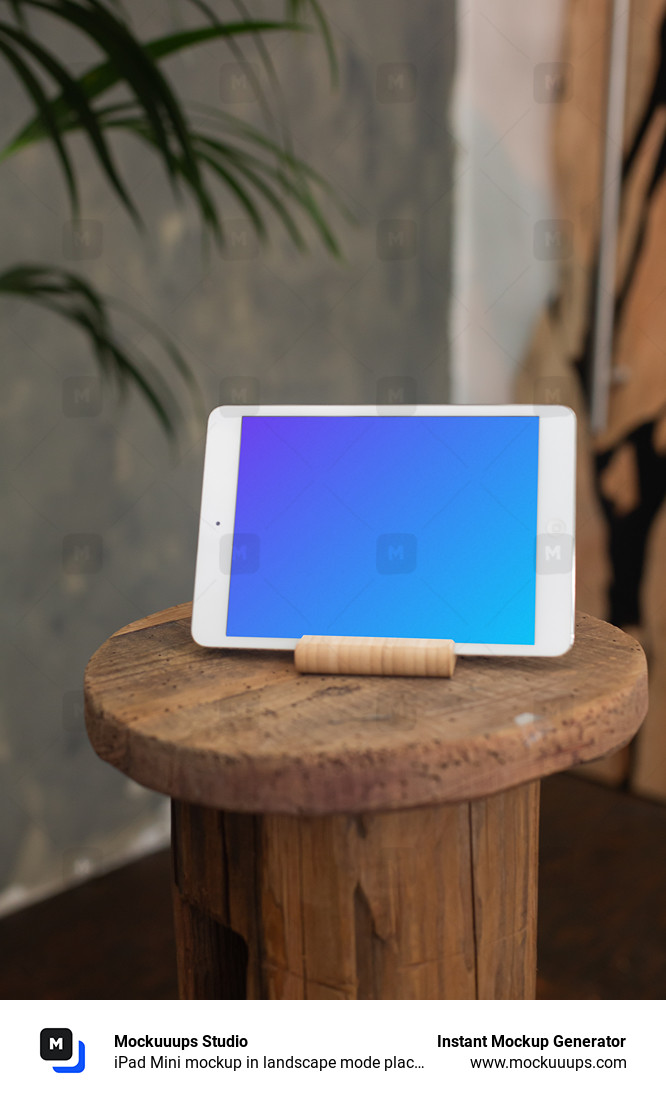 iPad Mini mockup in landscape mode placed on a wooden stool