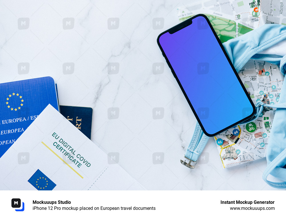 iPhone 12 Pro mockup placed on European travel documents