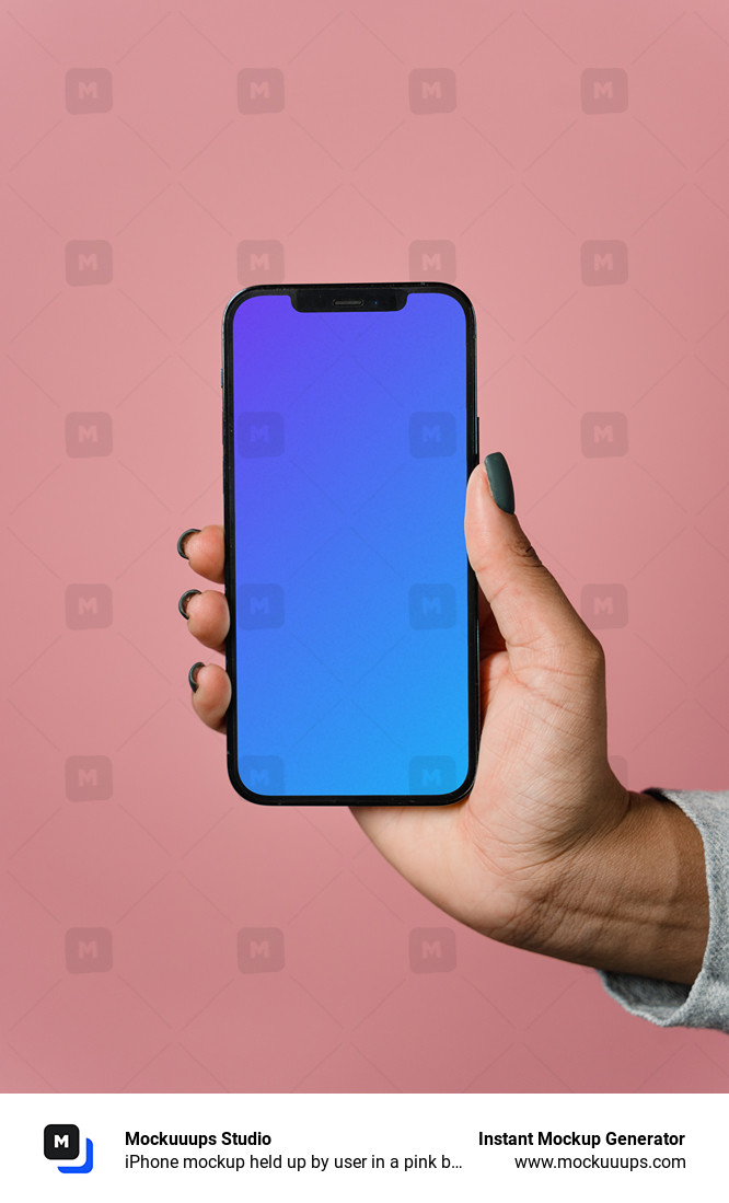 iPhone mockup held up by user in a pink background
