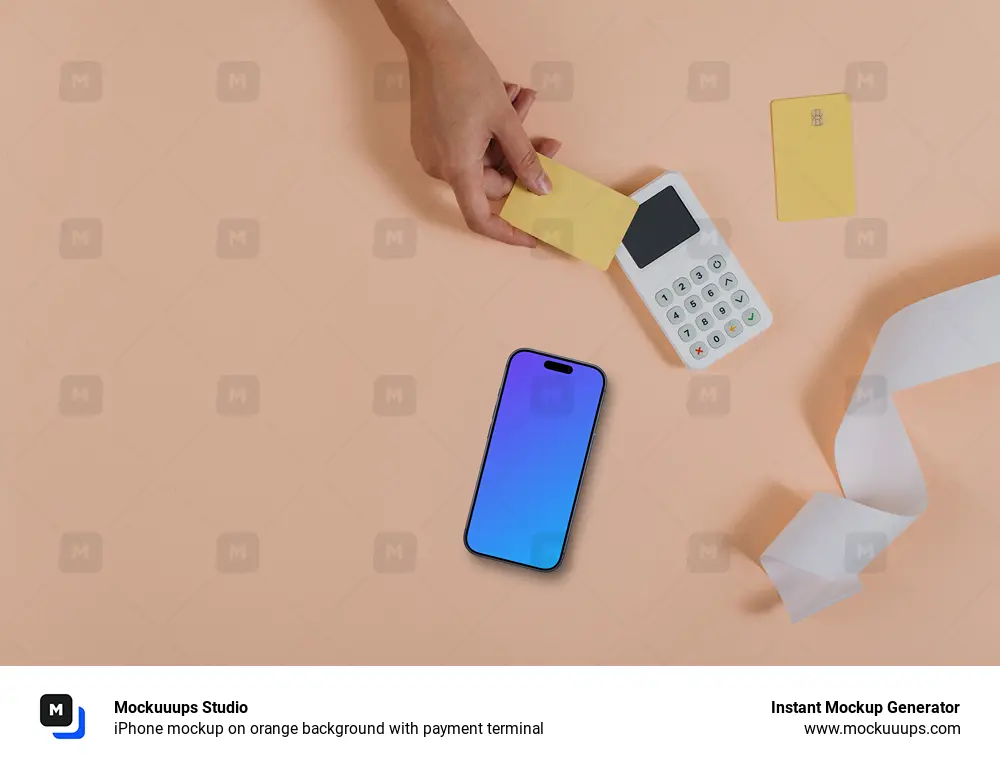 iPhone mockup on orange background with payment terminal