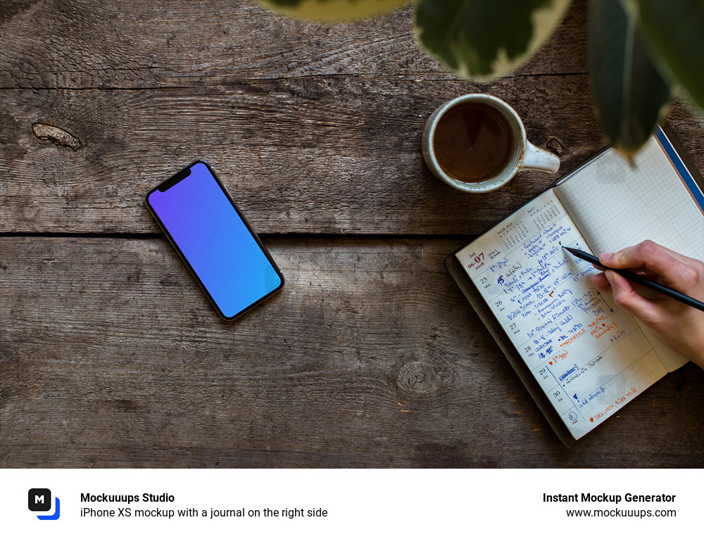 iPhone XS mockup with a journal on the right side