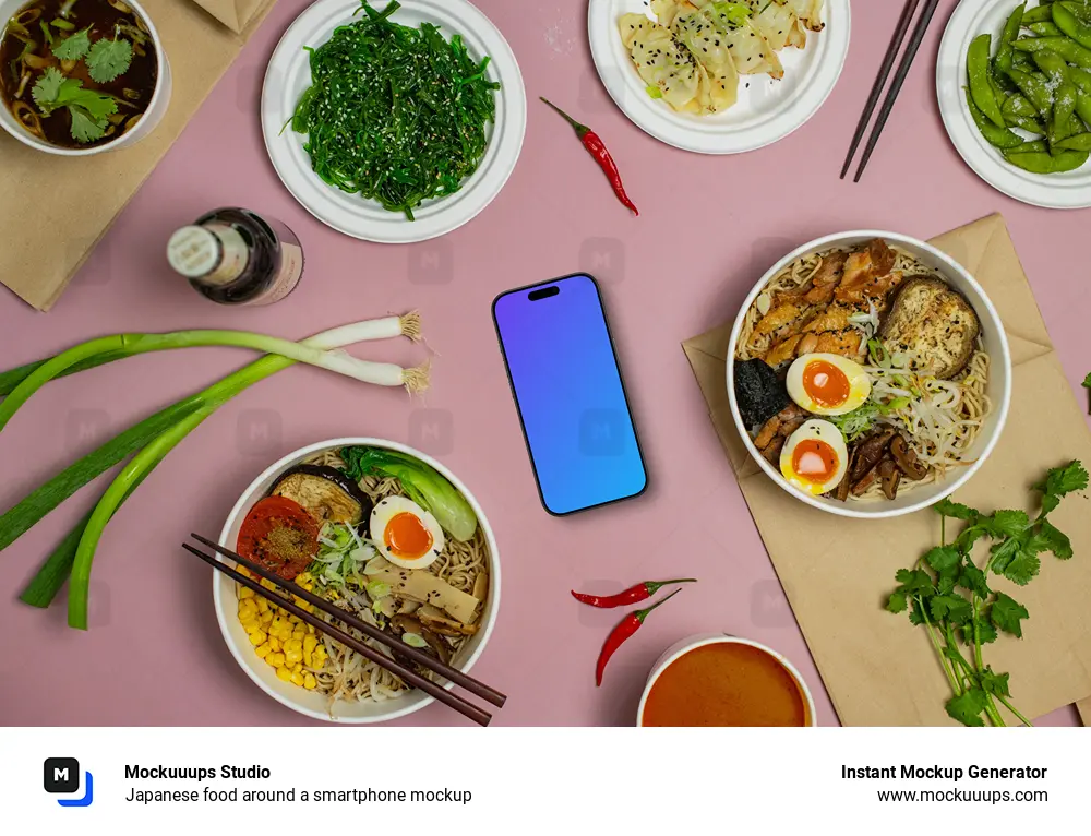 Japanese food around a smartphone mockup