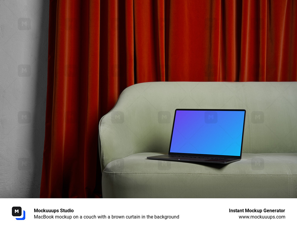 MacBook mockup on a couch with a brown curtain in the background