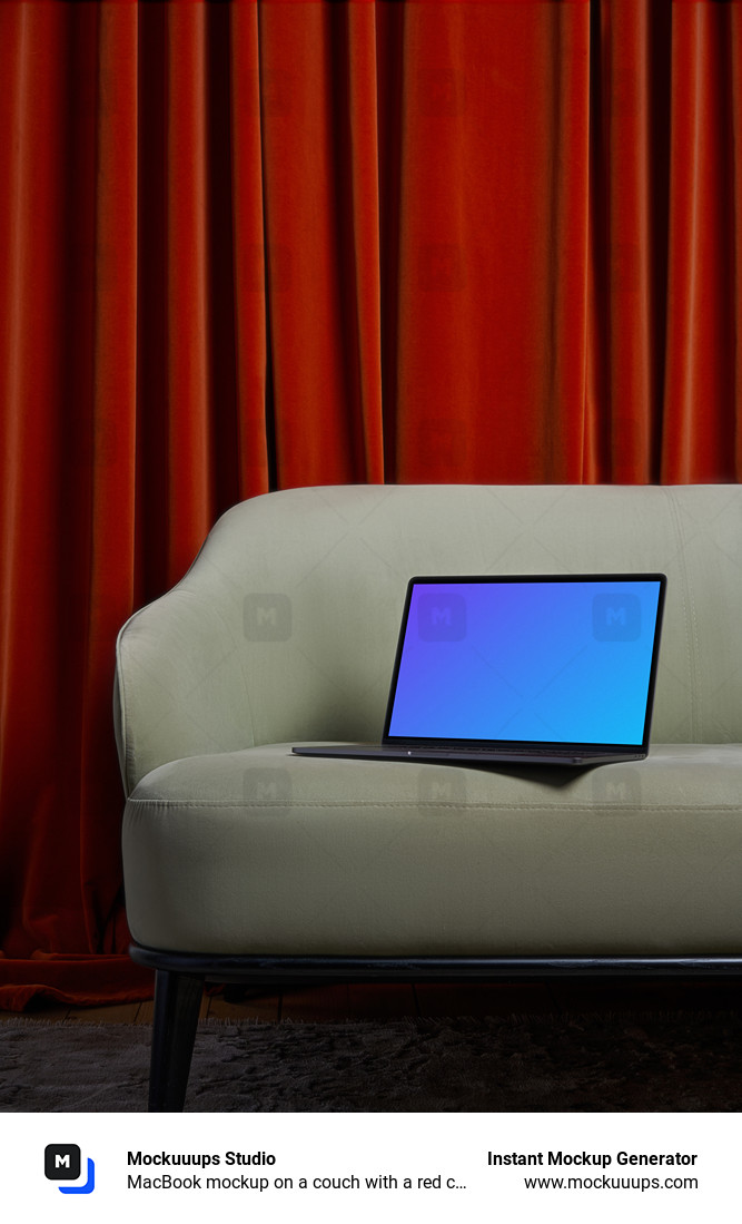 MacBook mockup on a couch with a red curtain in the background