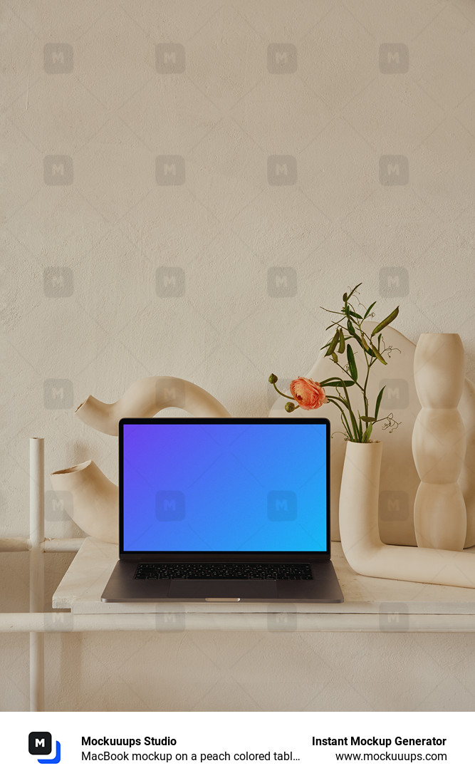 MacBook mockup on a peach colored table with a fancy flower vase