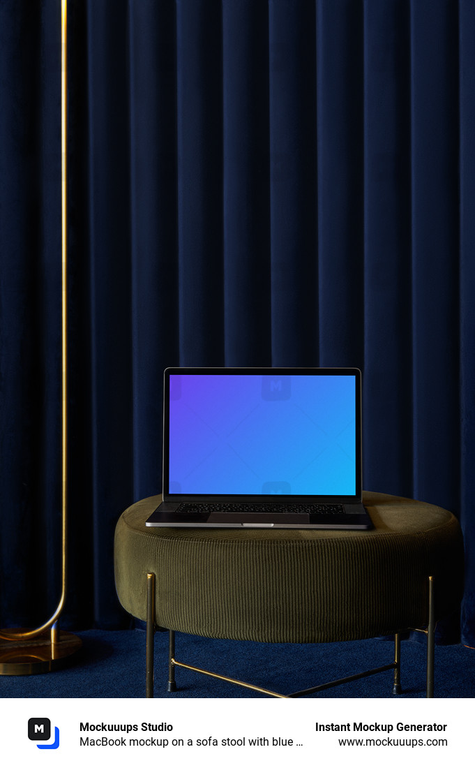 MacBook mockup on a sofa stool with blue curtain in the background