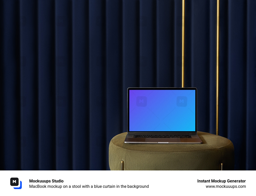 MacBook mockup on a stool with a blue curtain in the background