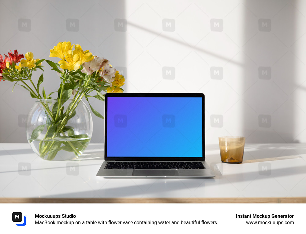 MacBook mockup on a table with flower vase containing water and beautiful flowers
