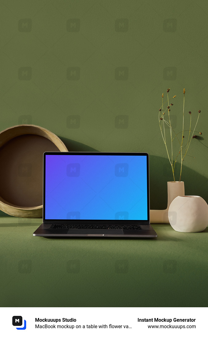 MacBook mockup on a table with flower vase in a green background